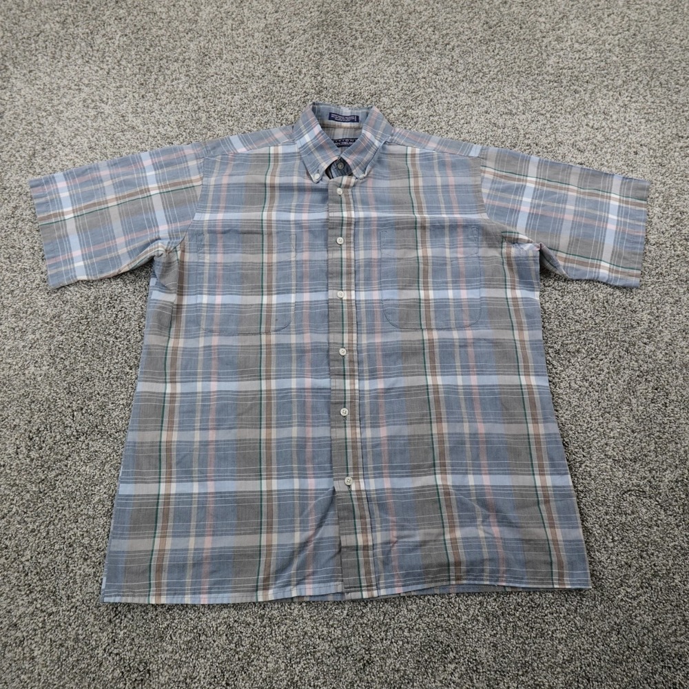 VTG Van Heusen Shirt Mens M Blue Gray Short Sleeve Button Up Preppy Casual Dress